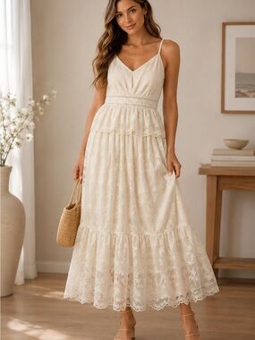 Ivory Lace Spaghetti-Strap Maxi Dress with Peplum Waist